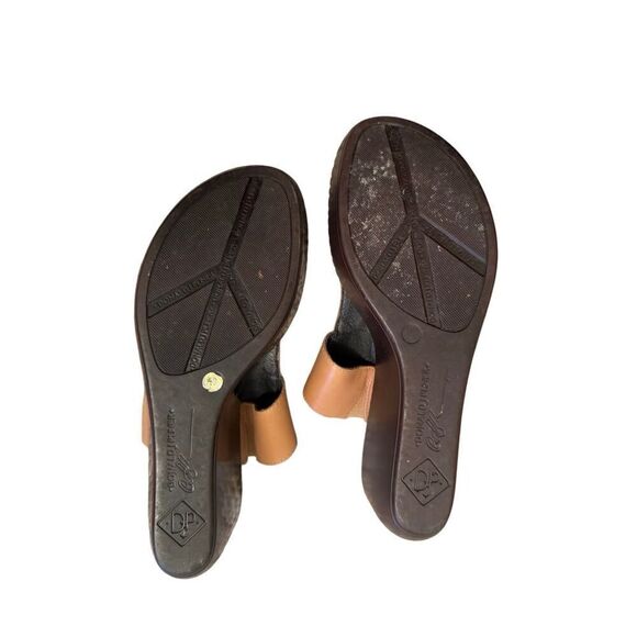 Donald J. Pline Vachetta Heel Wedge Sandal Tan Black Leather Slides Open Toe Wom - Picture 12 of 12